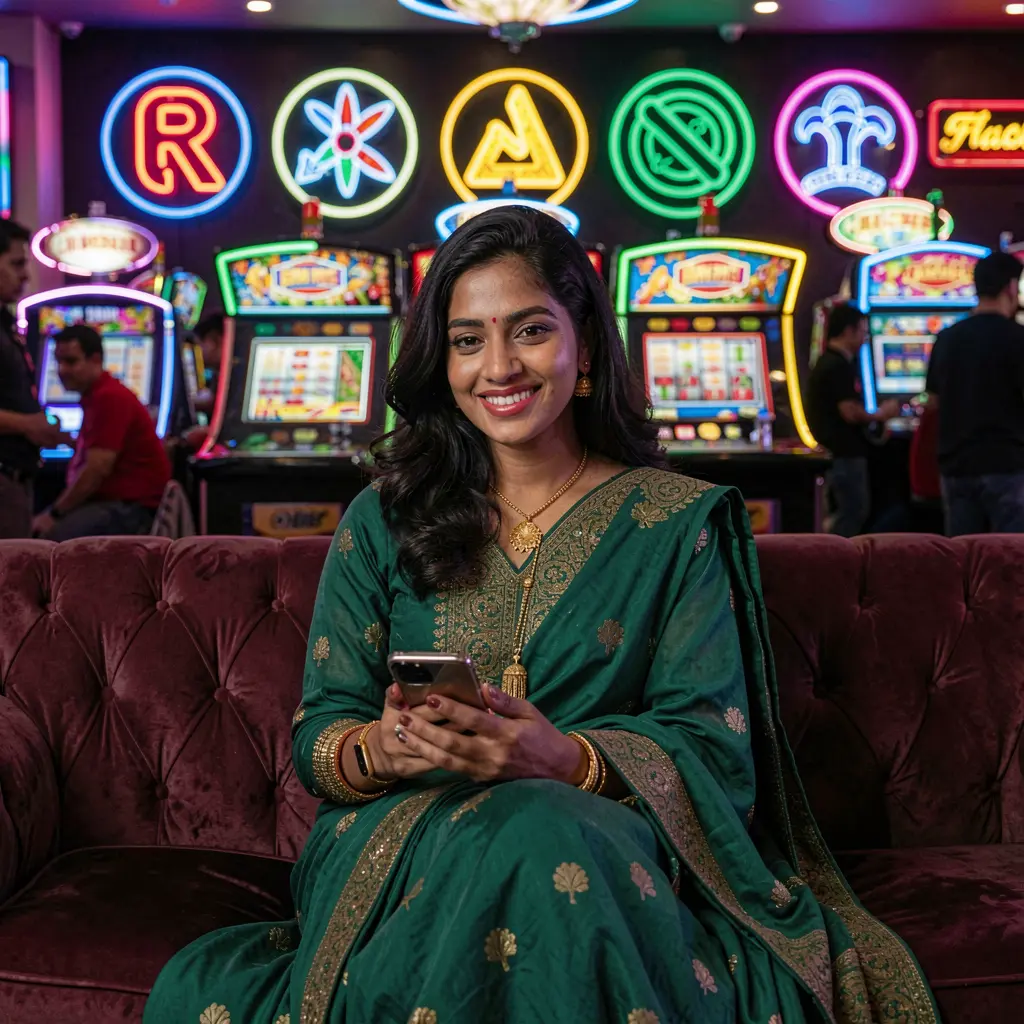 Stylish Bangladeshi woman relaxing on a sofa while using the BD34 casino app surrounded by bright neon casino decorations