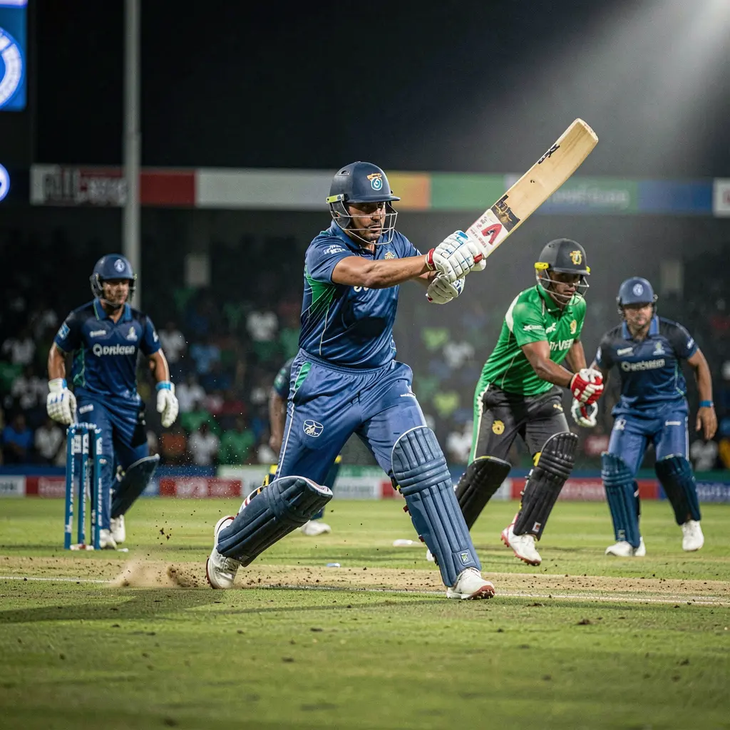 Exciting moment in a professional cricket match with a batsman in action on a green field representing the thrill of live cricket betting with BD34 in Bangladesh