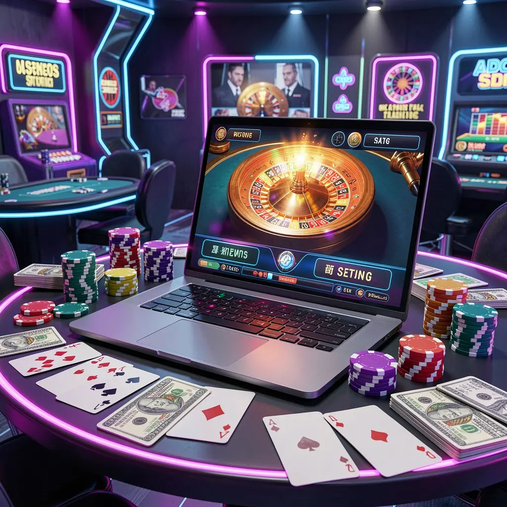 Modern laptop displaying a vibrant online roulette wheel surrounded by casino chips and playing cards representing the immersive BD34 casino experience for Bangladeshi players