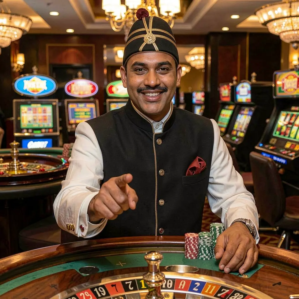 Professional Bangladeshi casino dealer pointing forward in a welcoming gesture with roulette tables and slot machines behind him at BD34