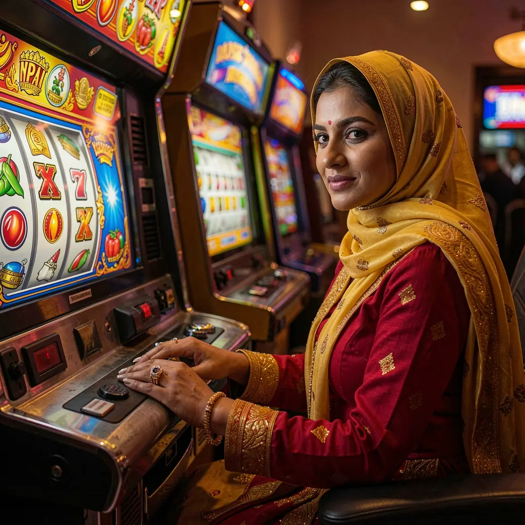 Confident player enjoying high quality slot games with glowing reels and jackpot symbols at BD34 casino in Bangladesh